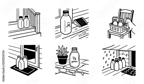 Εκτύπωση καμβά Milk Delivery Icons: Vintage Bottles, Home Service, Dairy Products, Retro Vector