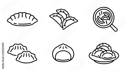 Asian Dumpling Icons Set, Delicious Food Vector Graphics, Chinese Cuisine Illustrations, Simple Outline Food Art