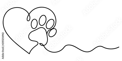 Tableau sur toile Continuous line art drawing of a dog paw and heart shape symbolizing companionship, loyalty, and the emotional bond between humans and dogs, hand drawn vector illustration