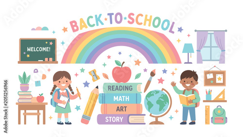 Obraz na płótnie Back to School Fun: A vibrant and playful illustration depicts children embarking on a new academic year, surrounded by school supplies, books, and a cheerful rainbow