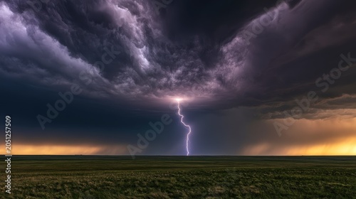Lightning strikes over an open field during a storm with dark clouds and a distant horizon at sunset