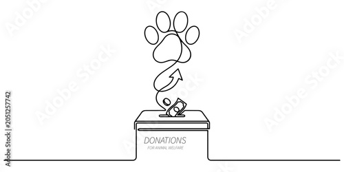 Slika na platnu Continuous line art drawing of a dog paw print rising above a donation box symbolizing fundraising for shelters and animal welfare organizations, hand drawn vector illustration