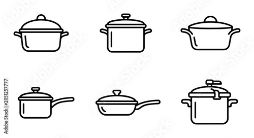 Kitchen Pots and Pans Icons, Cooking Utensils Vector Set, Culinary Equipment Line Art Collection