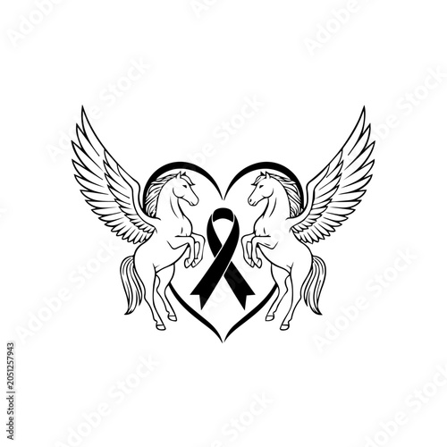 Two winged horses form a heart shape with a ribbon in illustration