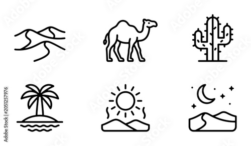 Foto Desert Icons: Camel, Cactus, Oasis, Dunes, Sun, Moon, Night Sky, Vector Graphics