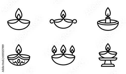 Diwali Lamps Vector Icons Set, Traditional Oil Lamps, Festive Celebration Symbols, Indian Culture Elements