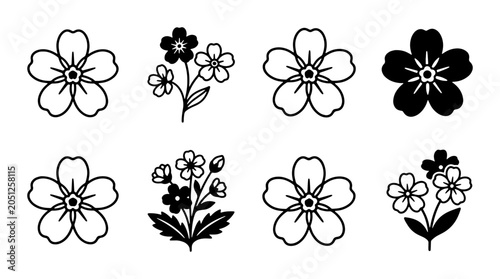 Simple Flower Icons, Black and White Floral Vector Graphics, Delicate Botanical Illustrations, Minimalist Blossom Designs