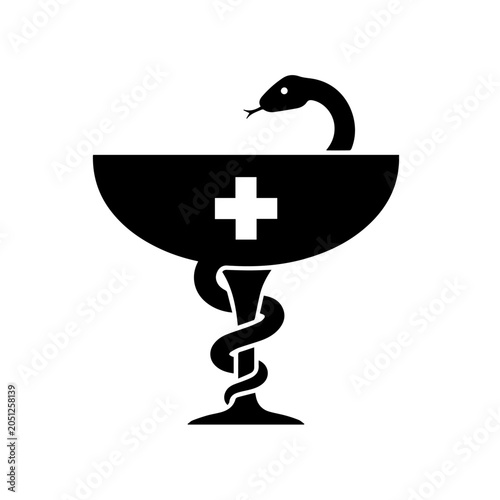 A snake emerges from a medical bowl with a cross symbol on it.