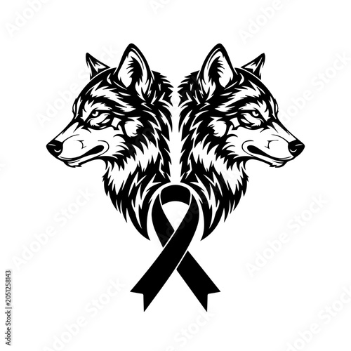 Two wolf heads facing sideways with a black ribbon
