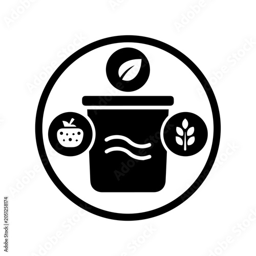 Illustration of a bucket with a leaf, strawberry, and wheat icons around it.