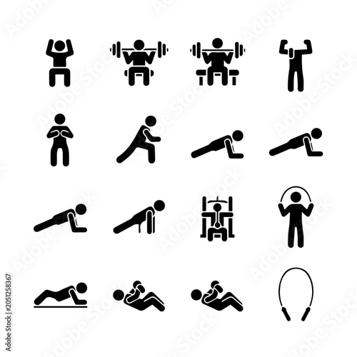 A series of stick figures performing various exercises with dumbbells and bodyweight in a gym setting with different equipment and poses.