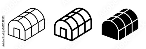 Greenhouse Icons Set, Simple Outline and Solid Black Building Symbols, Agricultural Structure Vector Graphics