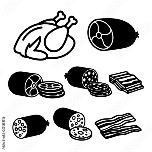 A black and white illustration of various types of meat including chicken ham bacon steaks and sausages on display.