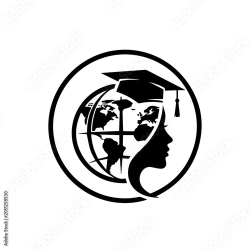 A silhouette of a woman wearing a graduation cap surrounds a globe with a grid.