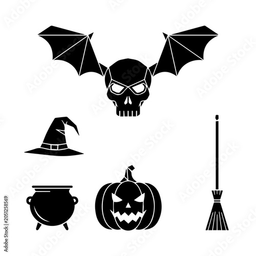Halloween icons including a bat, skull, witch hat, cauldron, pumpkin, and broom on a white background.