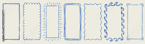 Photos Set of blue crayon doodle hand drawn sketch coastal rectangle frames