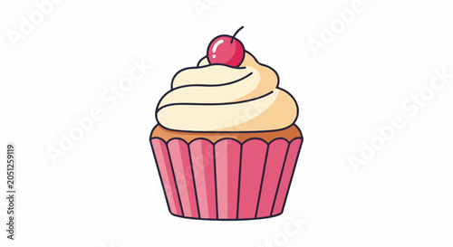 A delicious-looking cupcake with creamy frosting and a bright red cherry on top