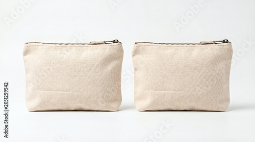 Pair of beige canvas cosmetic bags on a white background