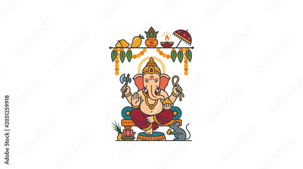Obraz premium Colorful Illustration of Hindu Deity Ganesha with Traditional Decorations