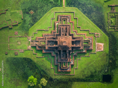 Aerial view of the ancient ruins of Sompur Mahavihara with its cruciform brick structure and surrounding green landscape in Naogaon District, Rajshahi Division, Bangladesh.