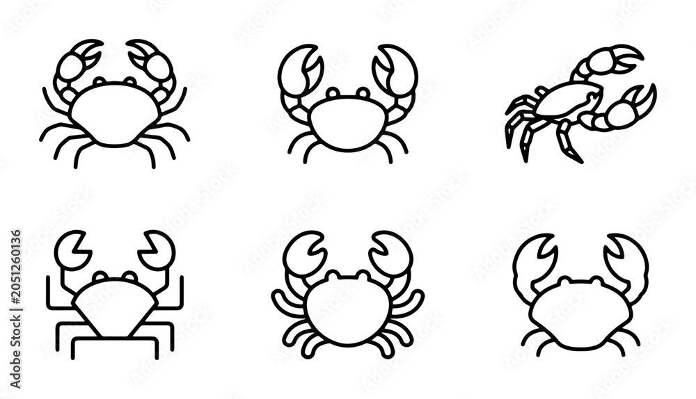 Obraz premium Crab Icons Set, Seafood Vector Graphics, Marine Life Illustrations, Ocean Animal Symbols