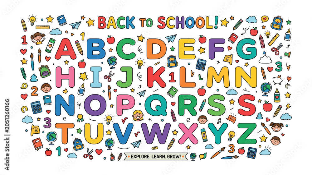 Fototapeta premium Back to School Alphabet Wonderland: A vibrant collection of whimsical illustrations featuring the English alphabet, scattered with school-related icons like pencils, books, apples, and backpacks.