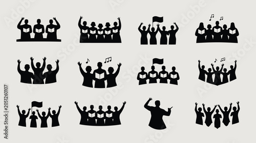 Fotografie Choral singing group silhouettes with music books and flags performing in musical concert