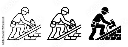 Construction Worker Icon Set, Roofer with Nail Gun, Building Industry Graphics
