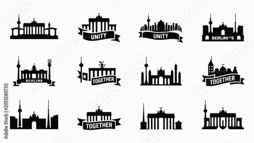Konstfotografi Berlin skyline silhouettes featuring brandenburg gate and tv tower for city identity design