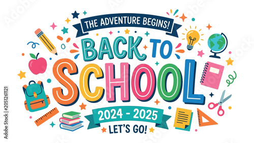 Schilderij op canvas Back to School Celebration: A vibrant and colorful illustration depicting the excitement of returning to school, with playful elements like school supplies and celebratory graphics
