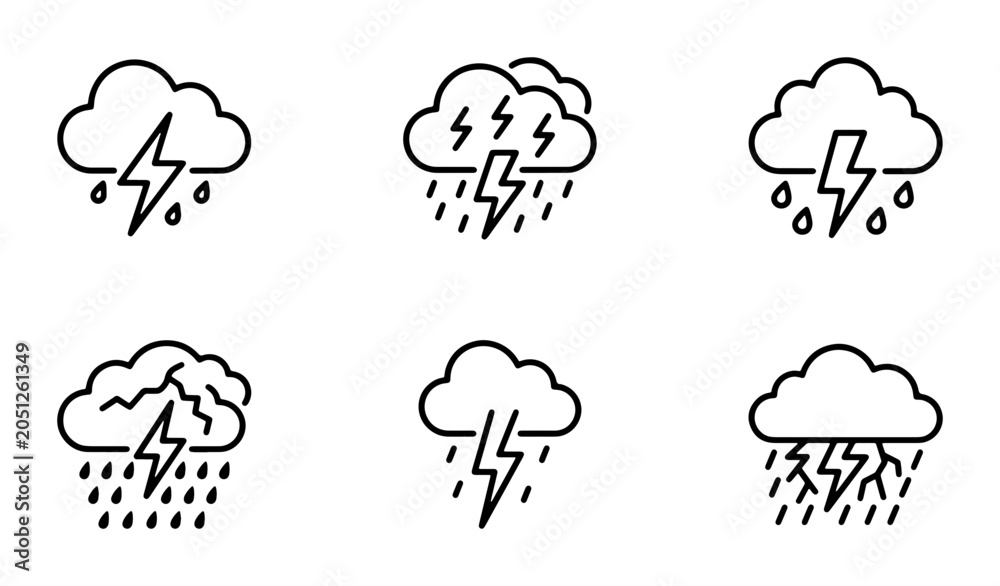 Obraz premium Thunderstorm Icons, Lightning Cloud Vector Set, Rainstorm Weather Symbols, Stormy Sky Graphics