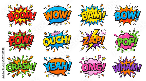 Pop art style comic sound effect bubbles collection.