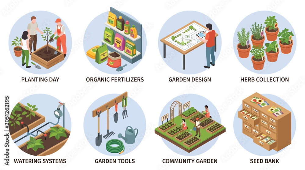 Naklejka premium Isometric gardening scenes with people tools and plants in vector style