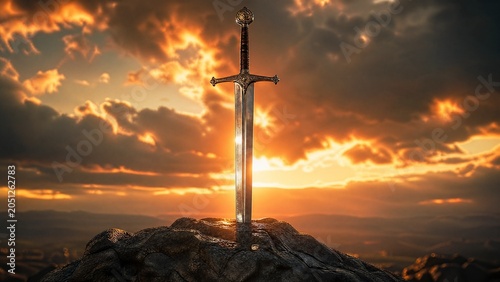 Knight's longsword thrust into craggy rock, dramatic sunset backlight, heroic.
