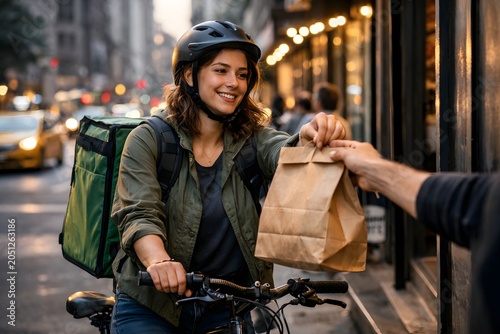 Smiling young woman on bicycle delivers food in a busy city street, day to night transition