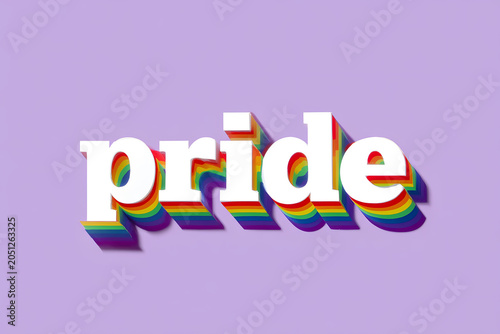 The word 'pride' is displayed in bold white lowercase letters with a vibrant three-dimensional rainbow drop shadow, set against a soft purple background for LGBTQ+ celebrations.