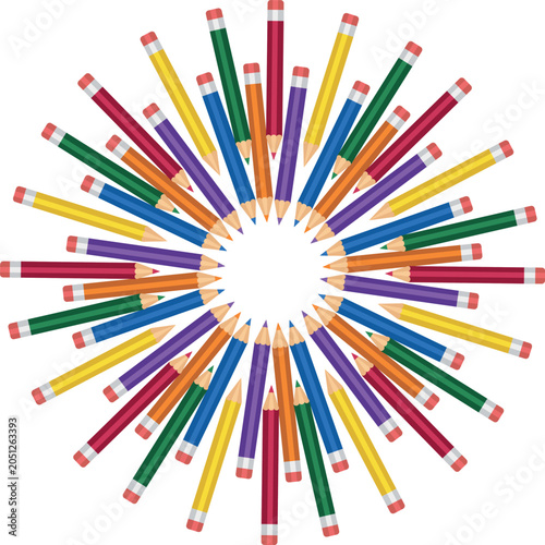 Colorful pencils arranged in a circle sunburst pattern isolated on white background abstract school education illustration