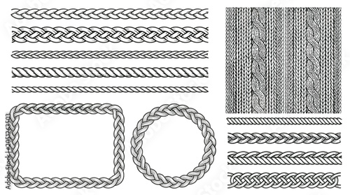 Hand drawn braided rope borders and knitted pattern set