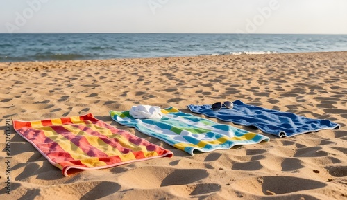 Colorful Beach Towels Laid on Sandy Shore with Sunglasses Nearby Relaxing Summer Day at Seaside
