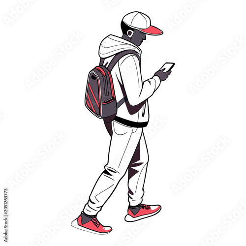 Vector art illustration of a young man walking with a bag on his back