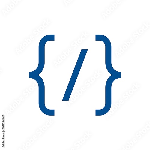 Abstract blue coding brackets symbol with a diagonal slash for programming white background 