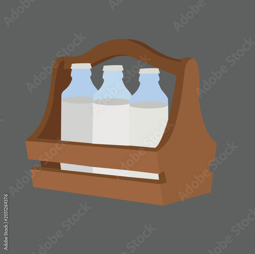 milk in a wooden basket. milk bottles in basket