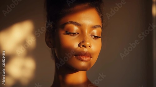 Close up portrait video of a radiant woman with glowing skin and natural makeup, illuminated by warm sunlight and expressing confidence