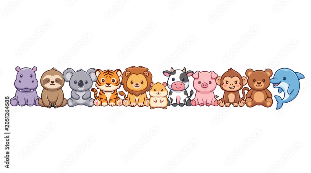 Fototapeta premium Cute cartoon animal lineup with farm and wild characters