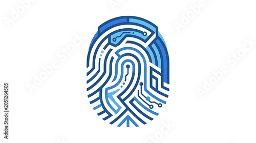 Digital fingerprint icon with circuit board elements for technology and security white background 