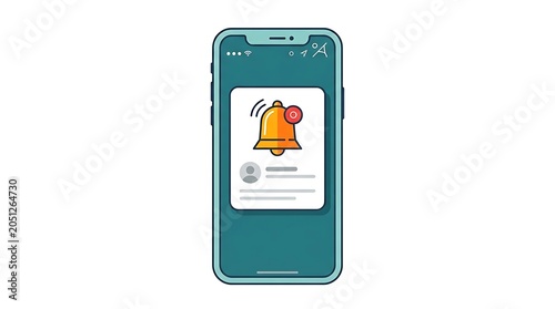 Smartphone screen displays a notification bell icon with a red alert badge, icon on white background