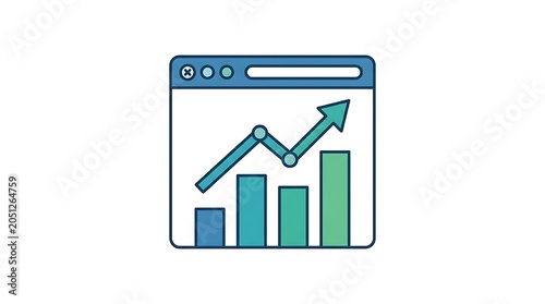 Web analytics chart showing upward trend and growth bars, icon on white background