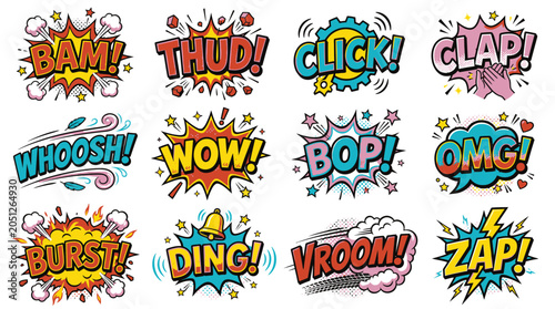 Pop art style sound effect bubbles with bam thud click.