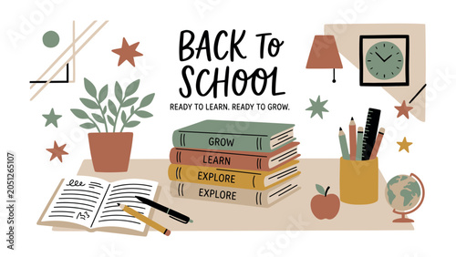 Fotografie Back to School Elements: A collection of educational and decorative elements, including books, stationery, a plant, and a clock, arranged to celebrate the start of a new academic year