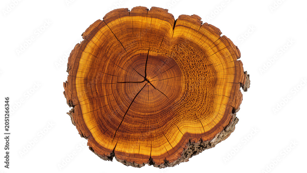 Obraz premium Cross section of a tree trunk with visible growth rings and bark